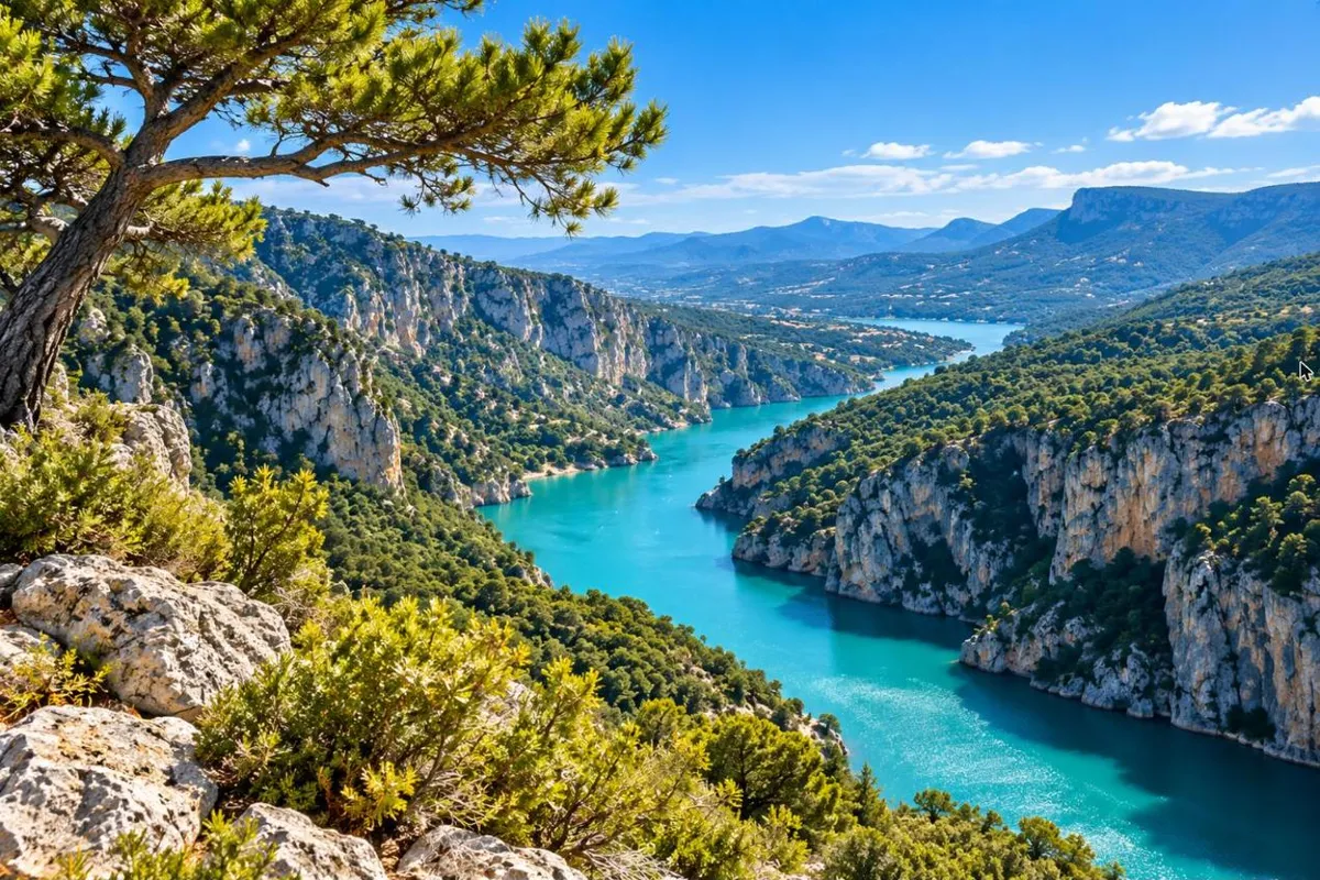 Illustration : les Gorges du Verdon et leur eau turquoise vues depuis un rocher, un pin au premier plan