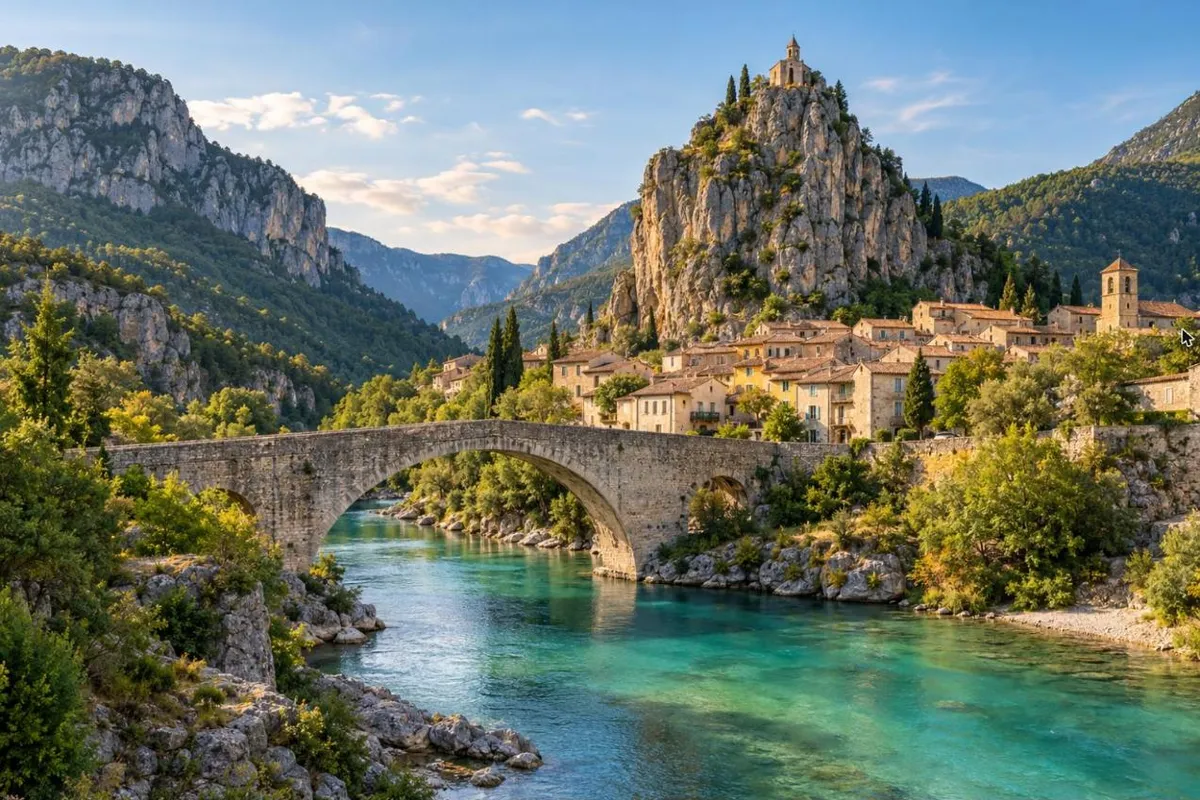 Illustration : un village provençal au pied d’un rocher, un pont de pierre sur une rivière turquoise
