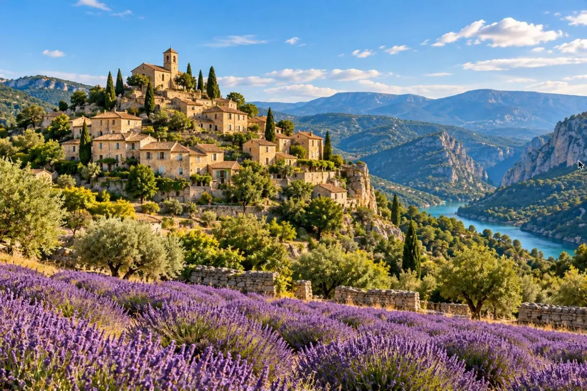 Illustration : un village perché de Haute-Provence, maisons de pierre, champ de lavande en fleur au premier plan