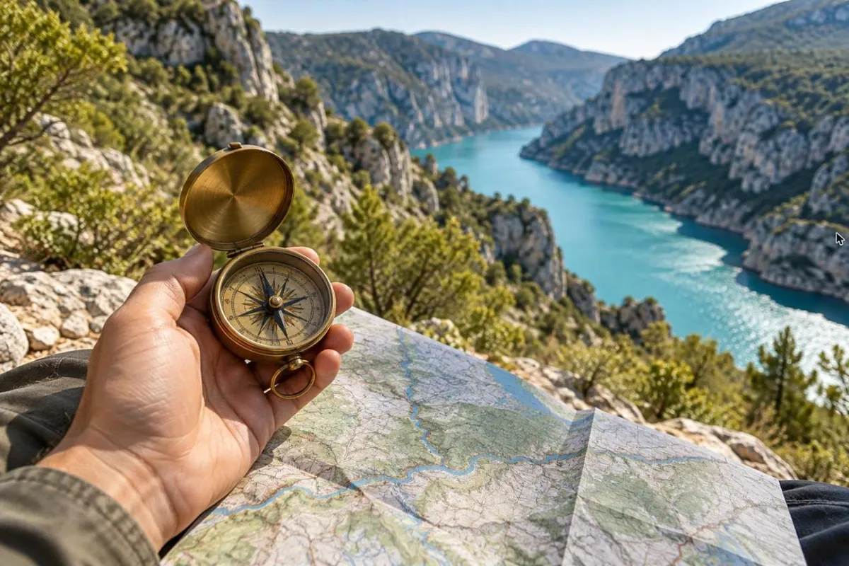 Illustration : une main tient une boussole au-dessus d’une carte, des gorges et une rivière turquoise en arrière-plan