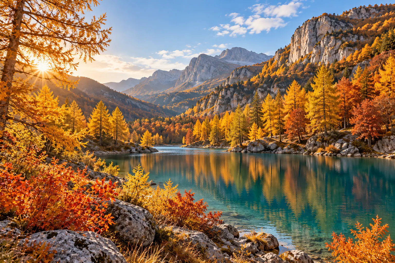 Mélèzes et feuillus dorés au bord d'un lac de montagne en automne (image d'illustration)