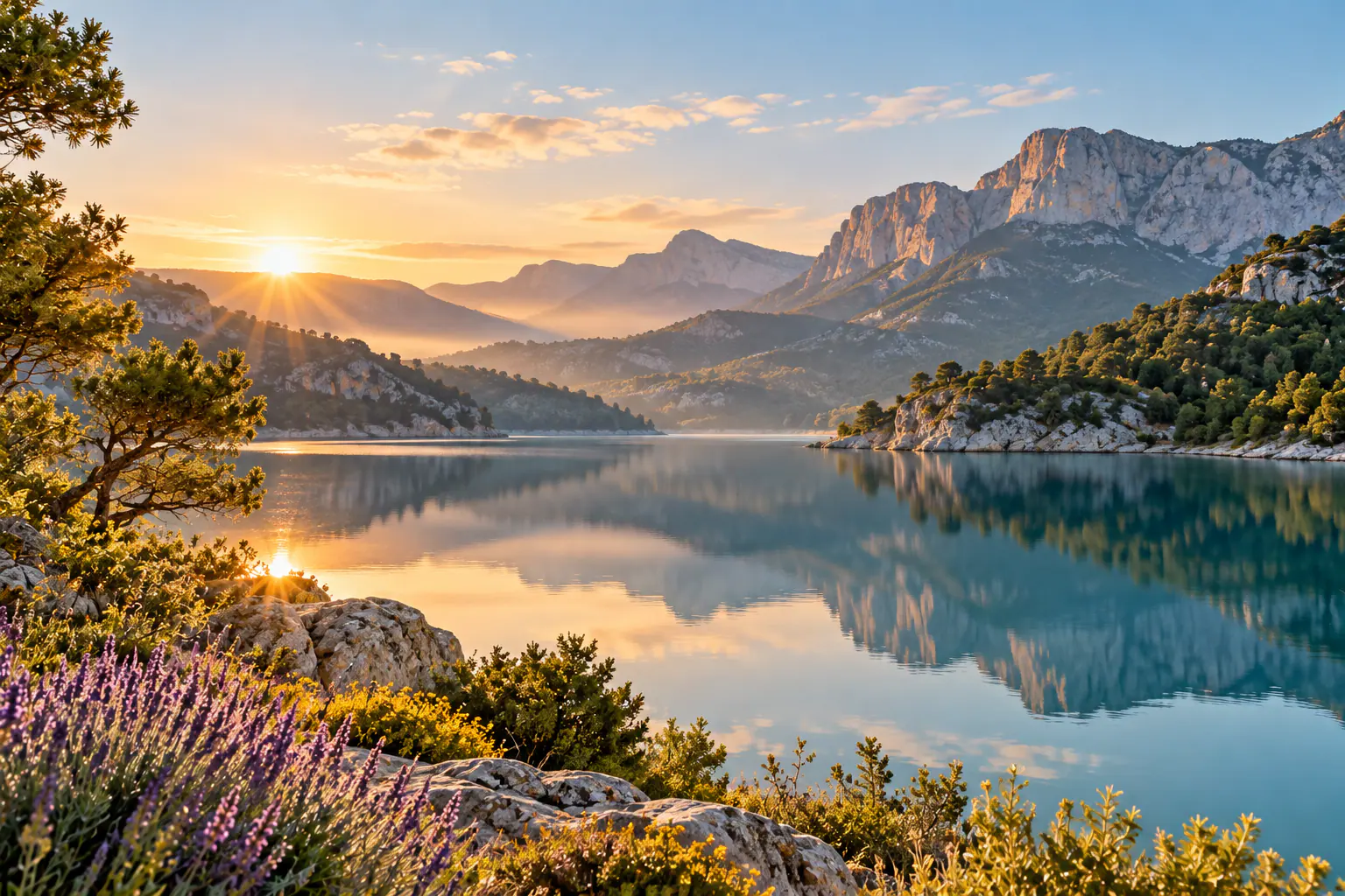 Lac de montagne calme au lever du soleil, eau lisse et lavande au premier plan (image d'illustration)