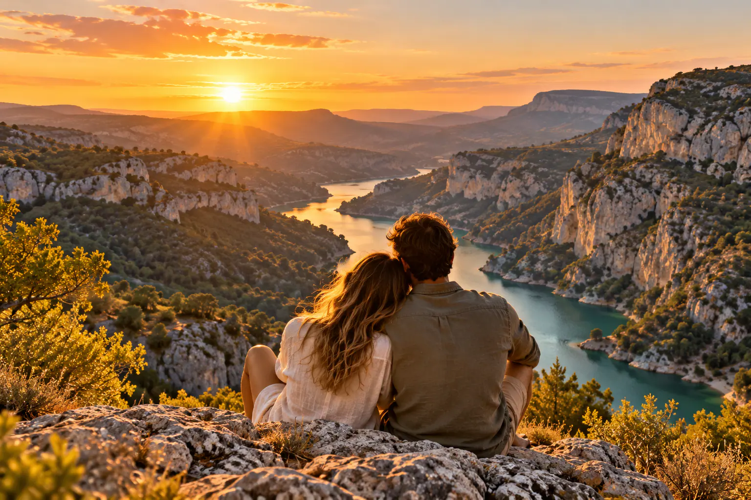 Couple assis de dos sur un rocher, face au coucher du soleil sur un canyon (image d'illustration)