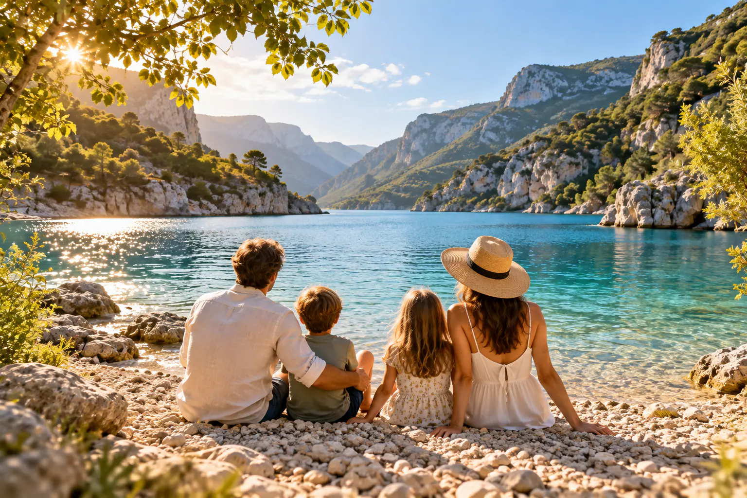 Famille assise de dos sur une plage de galets, au bord d'un lac turquoise entouré de falaises (image d'illustration)