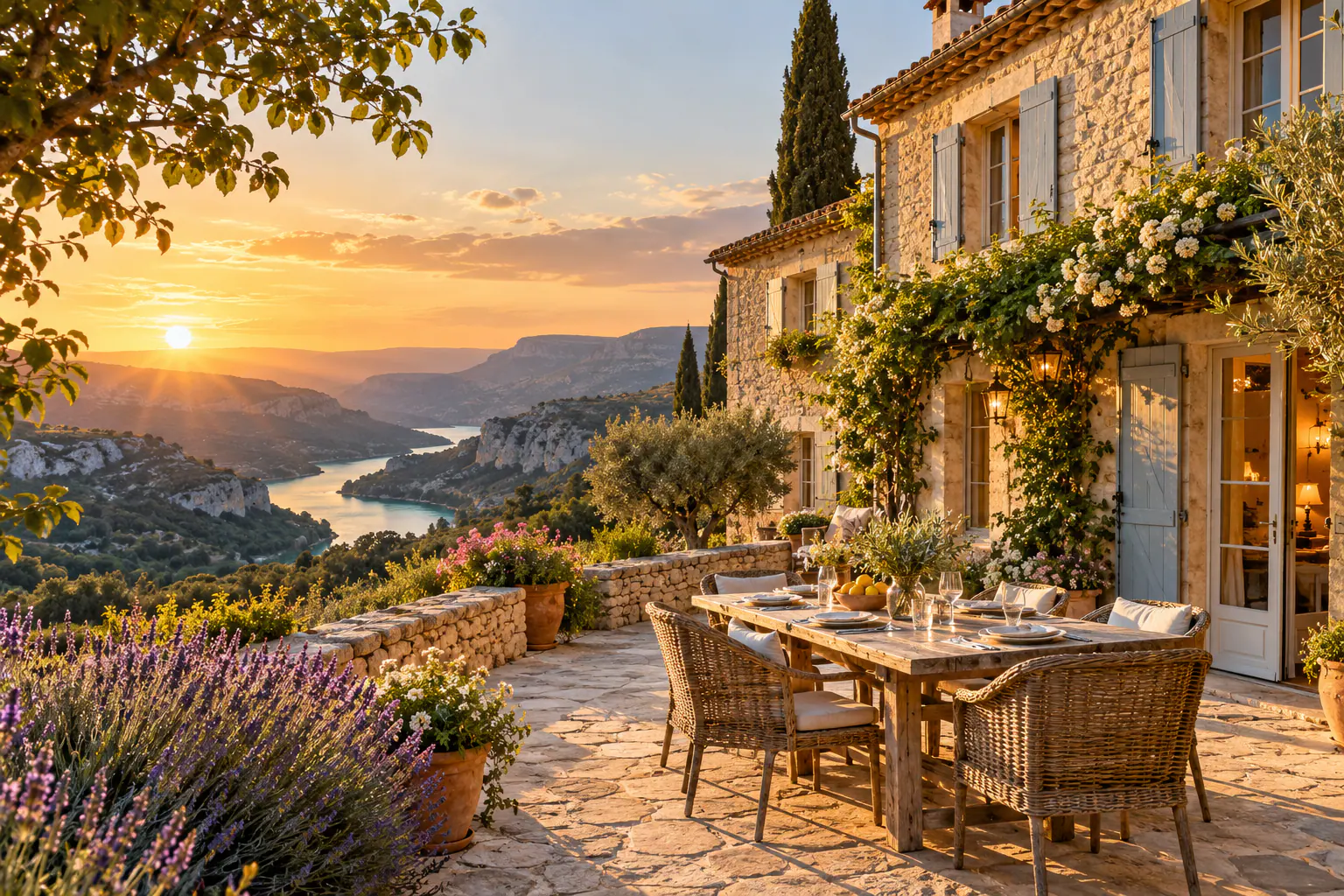 Mas provençal en pierre avec terrasse fleurie au coucher du soleil, vue sur un lac (image d'illustration)