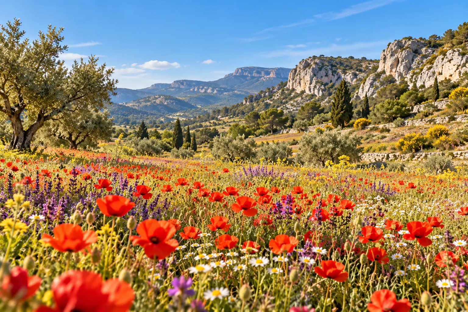 Prairie de coquelicots et de fleurs sauvages au printemps, oliviers et falaises calcaires sous un ciel bleu (image d'illustration)