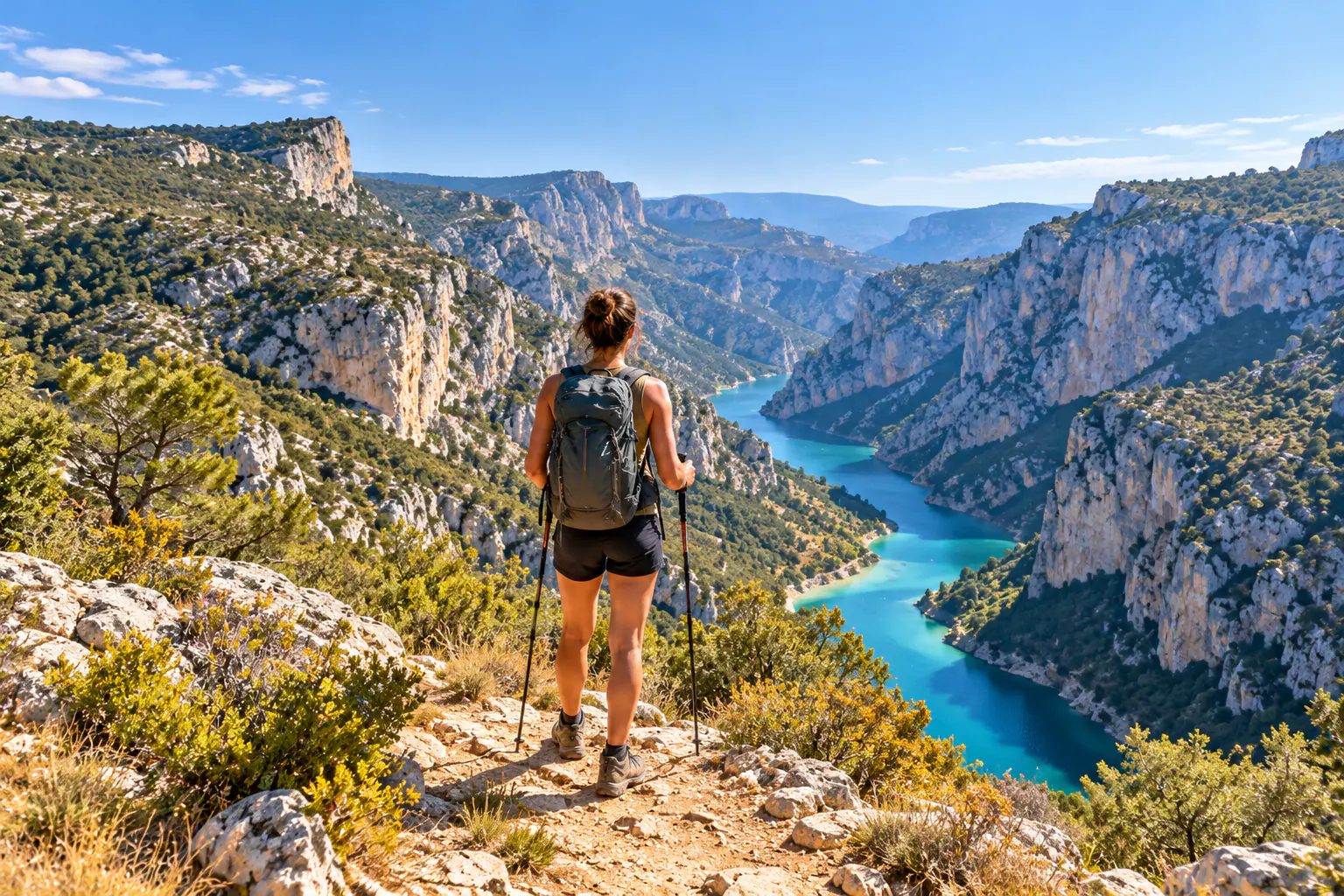 Randonneuse de dos sur un sentier de crête, face à un canyon calcaire et à une rivière turquoise (image d'illustration)