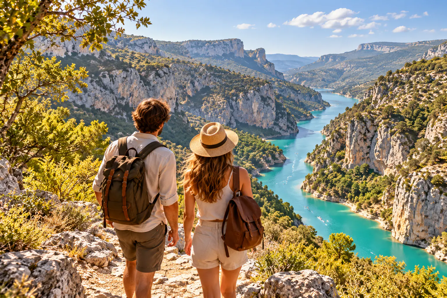 Deux voyageurs de dos, sac sur l'épaule, devant des gorges calcaires et une rivière turquoise (image d'illustration)