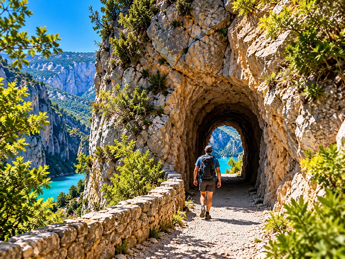 Illustration : l’entrée d’un tunnel creusé dans la roche sur le sentier