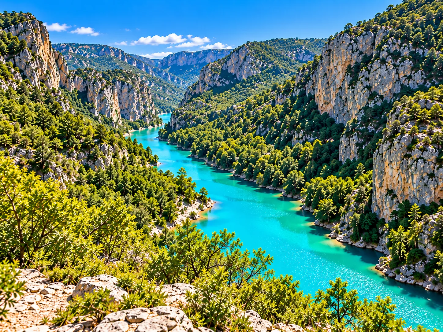 Illustration : la rivière turquoise et la forêt au fond des gorges