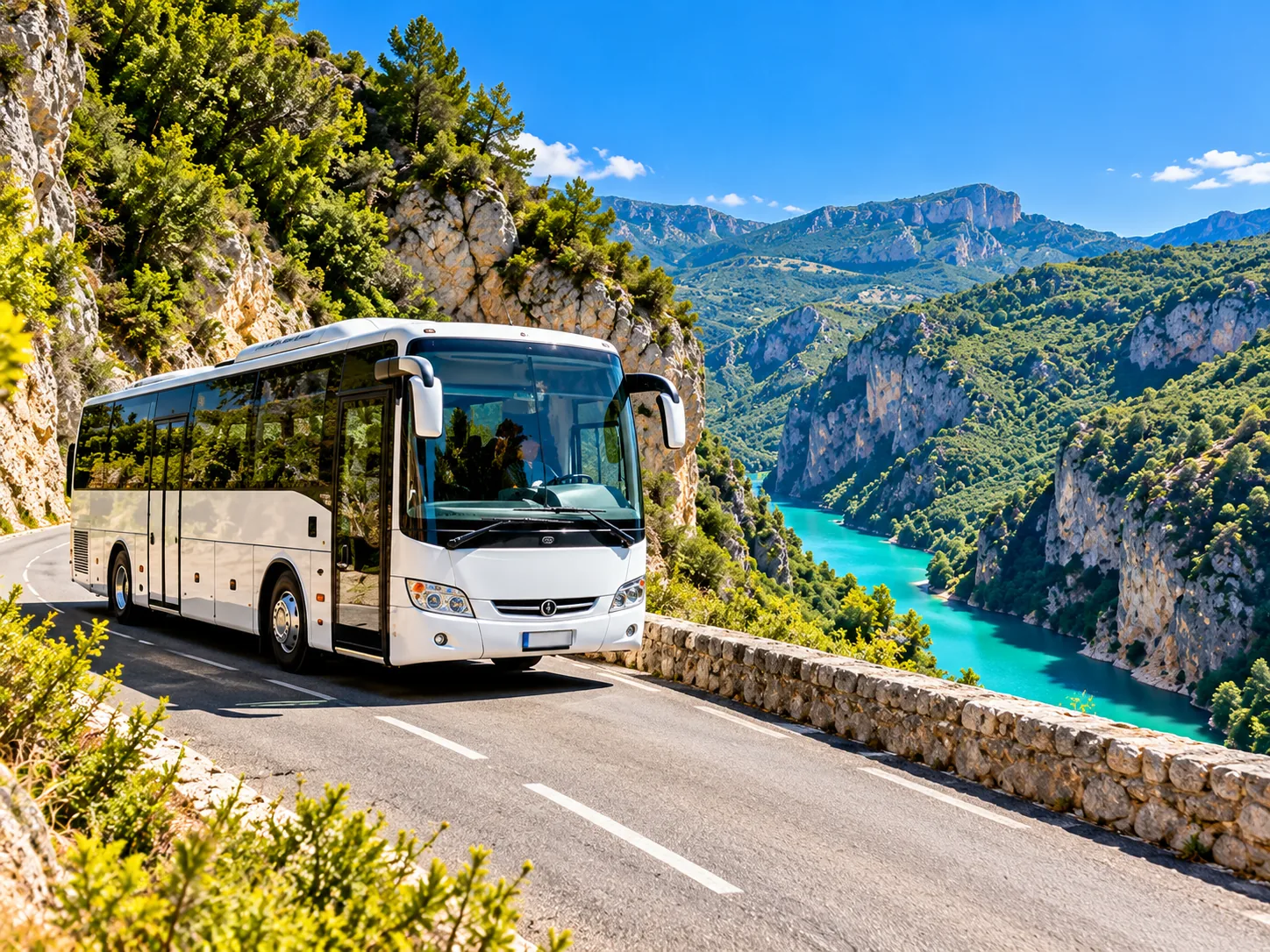 Illustration : le car blanc de la navette sur une route de montagne au-dessus des gorges