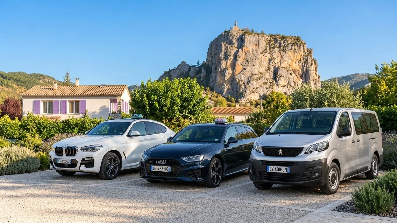 Les trois véhicules de Taxi Castellane devant le rocher de Castellane
