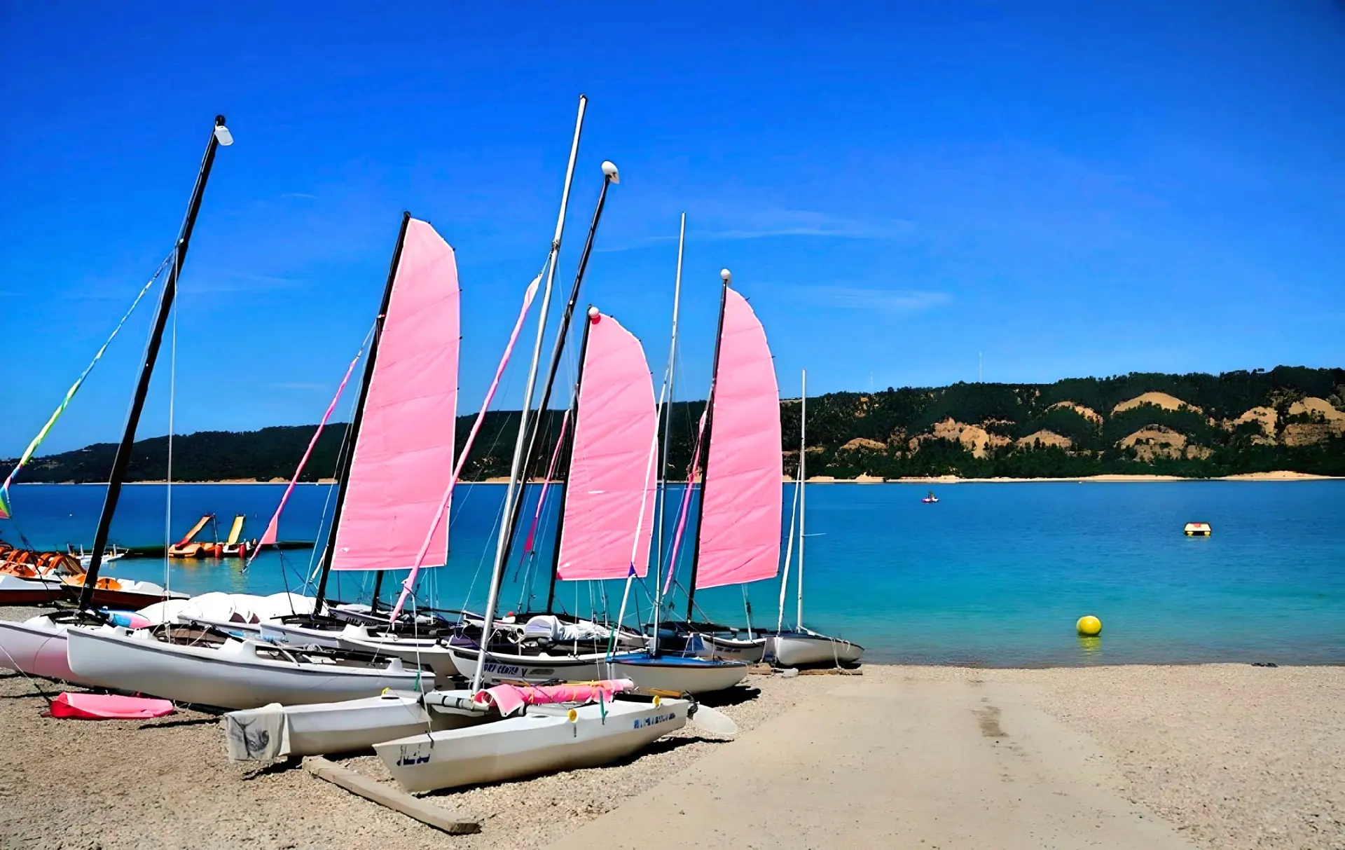 Catamarans aux voiles roses sur la plage des Salles-sur-Verdon, au bord du lac de Sainte-Croix