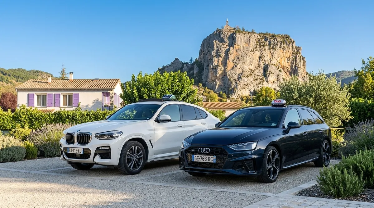 Les deux véhicules de Taxi Castellane devant le Roc de Castellane