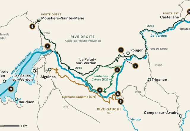 Aperçu de la carte des Gorges du Verdon : les deux rives, Castellane, Moustiers-Sainte-Marie et les dix lieux numérotés